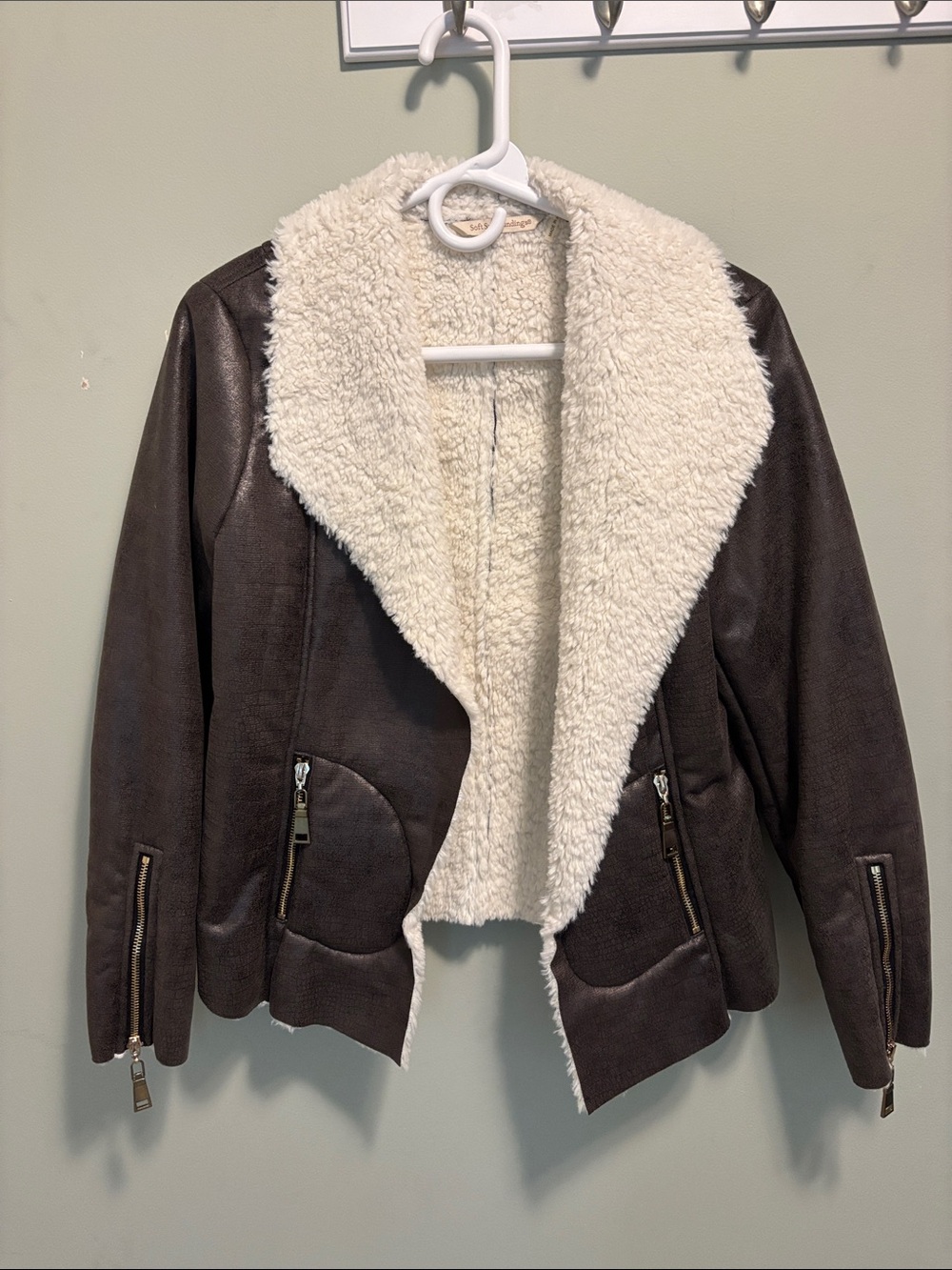 Soft Surroundings Dark Brown Faux-Suede Jacket with Cream Sherpa Collar
